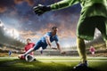 Soccer players in action on sunset stadium background panorama Royalty Free Stock Photo