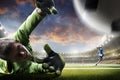 Soccer players in action on sunset stadium background panorama Royalty Free Stock Photo