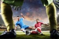 Soccer players in action on sunset stadium background panorama Royalty Free Stock Photo