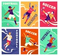 Soccer players cards. Footballers in different dynamic poses, leading and hitting ball, athletes in playing process and