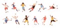 Soccer players. Dynamic football athletes poses jumping running and kicking, players differently kickball their foot
