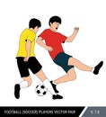 The soccer players fighting for the ball. Vector illustration. Football players in action. One player tries to take the ball from