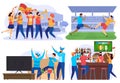 Soccer players and football fans cheering in bar, people cartoon characters, vector illustration Royalty Free Stock Photo