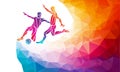 Soccer players. Footballers kicks the ball in trendy abstract colorful polygon style with rainbow back Royalty Free Stock Photo