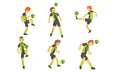 Soccer Players Kicking Ball Set, Professional Athlete Characters in Sports Uniform Showing Different Actions Vector