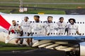 Soccer players of Real Madrid are painted on an Emirates Airbus A380 to show the partnership between Emirates and Real Madrid.