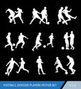 Soccer players silhouettes vector set. Different poses of players, football players in motion. Royalty Free Stock Photo