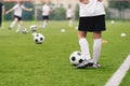 Soccer Players on Training Pitch. Group of Footballers Kicking Soccer Balls on Practice Unit Royalty Free Stock Photo