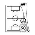 Soccer playfield with horn and timer symbols in black and white