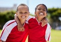 Soccer, portrait and friends in a girl football sports team for children ready to start training, exercise and kids game Royalty Free Stock Photo