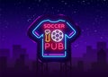 Soccer Pub Neon Sign Vector. Football Pub logo neon, T-Shirt concept, light signboard, bright billboard, night neon