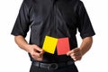 A soccer referee with red and yellow cards. Generative AI. Royalty Free Stock Photo