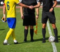 Soccer referees and a player handshake Royalty Free Stock Photo