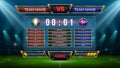 Soccer scoreboard. Football match score and goal statistic table. Realistic stadium grass field with vector display Royalty Free Stock Photo