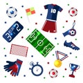 Soccer set of icons with field, ball, trophy, scoreboard, whistle, gloves and boots isolated vector illustration Royalty Free Stock Photo