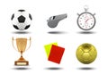 Soccer set of icons with referees objects, trophy, football ball, stopwatch, yellow and red card isolated on white Royalty Free Stock Photo