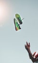 Soccer, shoes and player throw in the air, after practice and for winning to celebrate, football victory and outdoor in Royalty Free Stock Photo