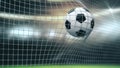 Soccer Slow Motion Ball flight into Goal Net. 3d rendering Close up success Sport Concept. Fans on Stadium taking Royalty Free Stock Photo