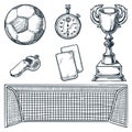Soccer sports equipment. Vector hand drawn sketch illustration. Football ball, goal, and cards icons Royalty Free Stock Photo