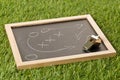 Soccer sports referee whistle with game strategy drawing blackboard on grass background - selective focus Royalty Free Stock Photo