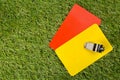 Soccer sports referee yellow and red cards with chrome whistle on grass background flat lay from above Royalty Free Stock Photo