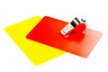 Soccer sports referee yellow and red cards with chrome whistle on white background