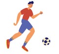 Soccer sportsman, man playing with ball. Happy male football player kicking the ball. Sport healthy life concept. Cartoon male Royalty Free Stock Photo