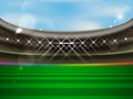 Soccer stadium banner. Football arena with spotlights, tribunes and green grass.