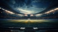 Soccer stadium with empty playground and tribunes in evening. Illustration. Fish eye filter. Wide angle. AI Generative. concept of