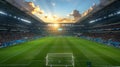 Soccer stadium filled with fans under a sunset sky. The golden hour at a sports arena during a match. Concept of Royalty Free Stock Photo