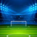 Soccer stadium. Football arena field with goal and bright stadium lights. Football World Cup. Vector