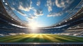 Soccer stadium grass field and empty playground over sunset with cloudy sky. Sport football arena. Illustration. AI Generative. Royalty Free Stock Photo