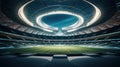 Soccer stadium grass field illuminated by spotlights and empty playground. Sport football arena. Illustration. AI Generative. Royalty Free Stock Photo