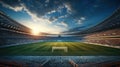 Soccer stadium grass field over sunset and empty playground. Crowdy tribunes with fans waiting teams. Illustration. AI Generative Royalty Free Stock Photo