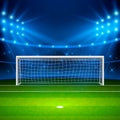 Soccer stadium. Green football field on stadium, arena in night illuminated bright spotlights. Vector illustration Royalty Free Stock Photo