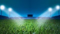 Soccer Stadium with Green Grass Field with Bright Floodlight Background.lights at night and football stadium Royalty Free Stock Photo