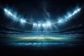 Soccer stadium at night with bright lights and flashes 3D rendering, American football stadium in lights and , AI Generated