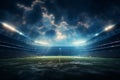Soccer stadium at night with lights and flares. 3D rendering. Royalty Free Stock Photo