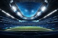 Soccer stadium at night with lights and flares. 3D rendering. Royalty Free Stock Photo