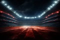 Soccer stadium at night with lights and flares. 3D rendering Royalty Free Stock Photo