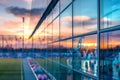 A soccer stadium during a tranquil sunset, the sky's colors reflecting off its metallic structure. Easter-themed landscape