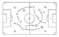 Soccer strategy field, football game tactic drawing on chalkboard. Hand drawn soccer game scheme, learning diagram with