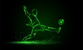 Soccer striker. Football player hits the ball in the dark. Vector sport green neon illustration