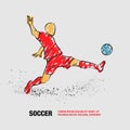 Soccer striker. Football player hits the ball. Vector outline of soccer player with baby doodles