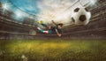 Soccer striker hits the ball with an acrobatic kick in the air at the stadium Royalty Free Stock Photo