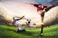 Soccer striker hits the ball with an acrobatic kick. 3D Rendering Royalty Free Stock Photo