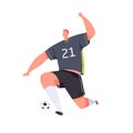 Soccer striker running and kicking ball with foot. Football player playing. Professional footballer during game. Colored Royalty Free Stock Photo