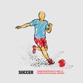 Soccer striker. Vector outline of soccer player hits the ball with scribble doodles style drawing. Royalty Free Stock Photo