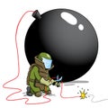 Bomb squad defusing big burning bomb Royalty Free Stock Photo