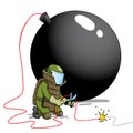 Bomb squad defusing big burning bomb